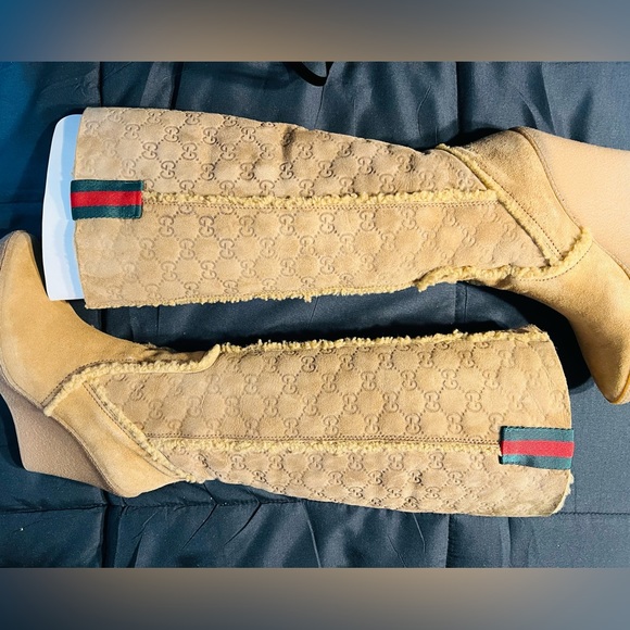 Rare Find-Vintage Gucci GG Suede Knee High Wedge Boots - Picture 1 of 13